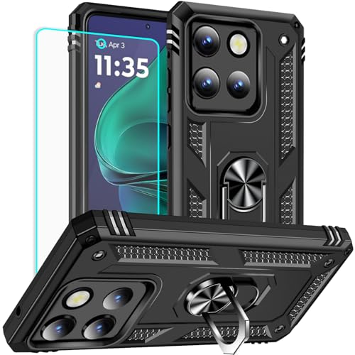 Coque Moto G Stylus 5G 2025 antichoc Yiakeng noire avec protège-écran et anneau béquille intégré