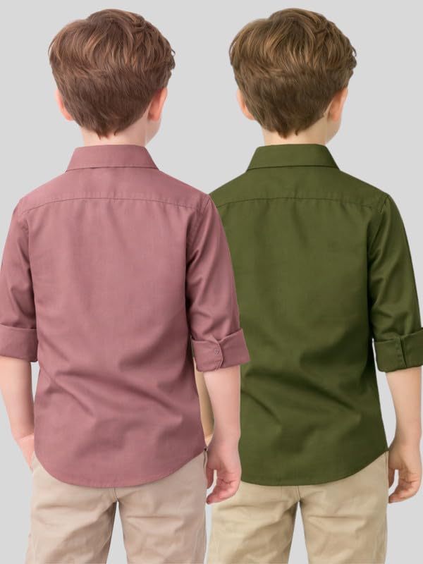 Image of YYQ Pack of 2 Boys Solid Cotton Blend Shirts - Full Sleeve Casual, Soft & Comfortable Spread Collar Shirts for Boys