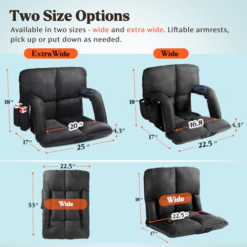 Wide Stadium Seats with Back Support, Bleacher Chairs with Back and Cushion, 6 Reclining Positions, Stadium Chair Bleacher Seat with Armrests for Sport Events, Camping, Concerts (Black, 22.5\")