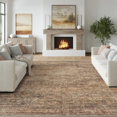 FMFUNCTEX 8x10 Washable Area Rug Rust Brown Vintage Neutral Distressed Oriental Large Non Slip Carpet for Living Room Bedroom Soft Low Pile Indoor Mat Retro Rug for Dining Room Kitchen Office Nursery