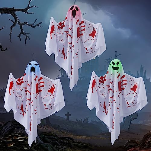 DICLLY 3 peças fantasmas pendentes de Halloween, fantasmas pendentes luminosos, decorações de fantasma pendentes com luzes LED e três expressões, para Halloween, pátio, jardim