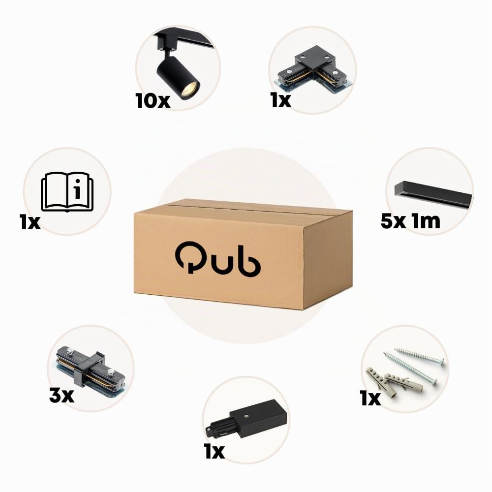 Qub Focus III Monophasé Luminaire Plafonnier LED – 500cm - 10x GU10 Spot Sur Rail - 5x 1m Barre de Spot Plafond – L-Form - Plafonnier intérieur Noir Moderne – Spots et Rails de Spots