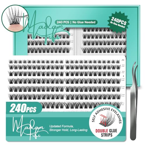 Self Adhesive Lash Clusters, 240 Pcs Individual Eyelashes No Glue Needed, 8–16mm Fluffy Wispy Cluster Lashes, DIY Lash Extension Kit for Natural Volume Look with Tweezers