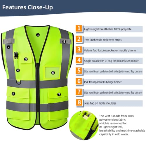 Image of High Visibility Safety Vest with Reflective Strips & Pockets | High Visibility | 360 Reflective Strips | 5 Pockets | Zipper Front | Lightweight Polyester | ANSI /ISEA 107 Class 2 Type R