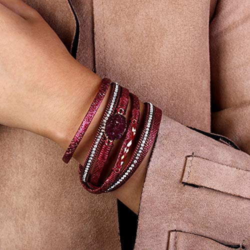 Fancy Shiny Leather Wrap Bracelet Boho Cuff Bracelets Crystal Bead Bracelet With Clasp Jewelry Gifts For Women Teen Girls(14.7", Wine) #TOP2