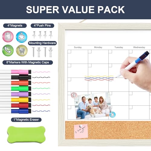 TANKEE 17"x13" Whiteboard Calendar Cork Board Combo, Magnetic White Board Monthly Calendar with Wood Framed, Hanging Dry Erase Board for Kitchen Home Office Planner image 2