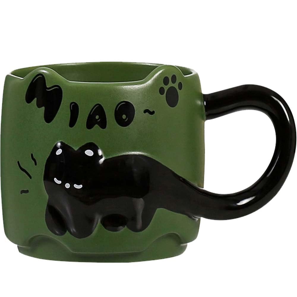 ZONSUSE Schwarze Katzen Tasse, Süße Kätzchen Becher, 3D Katzes Kaffeetasse, Lustiger Tierbecher für Kaffee Tee Milch, Geschenk für Katzenliebhaber, Frauen, Freunde 380ml (Katze-Grün)