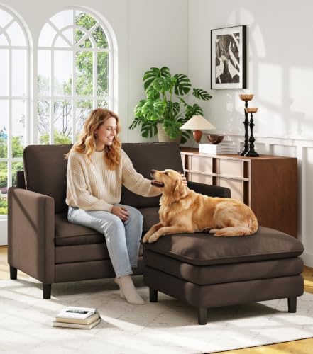 Image of Welzona 3-Layers Cloud L Shaped Couch, 51 inch Teddy Sofa and Loveseat Set | Comfy Teddy Fabric, Washable Covers, Tool-Free Setup, All-wood Cloud Couches for Living Room, Bedroom, Small Spaces, Brown