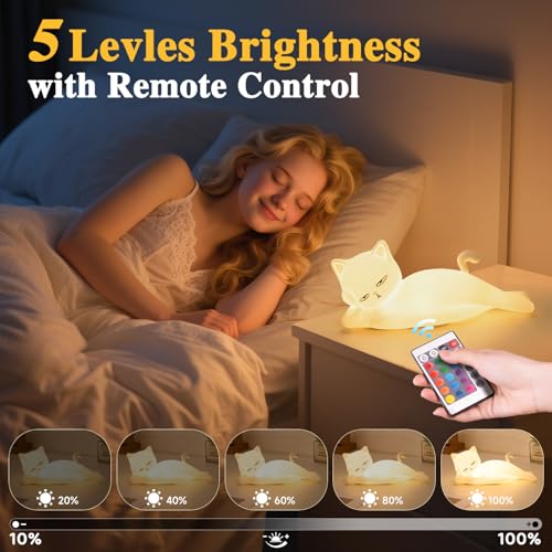 Lying Cat Lamp Funny Gifts, 16 Colors+5 Dimming+Silicone Random Stuff, Touch+Remote+Recharge Night Light, Unique Cool Lamp,Cute Weird Stuff, Squishy Cat White Elephant Gifts for Women/Men/Teens/Kids - Image 4