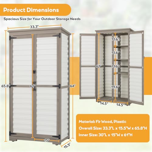 Image of PetsCosset Outdoor Storage Cabinet with Shelves, Wood & Plastic Garden Shed, Weatherproof Outside Tool Cabinet for Patio, Backyard, Pool