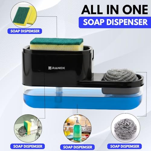 Image of Ranox Soap Dispenser for Kitchen Sink Accessories, Dish Wash Liquid Dispenser Pump 400ml with Sponge Holder, Bathroom Soap Dispensers, Kitchen Sink Organizer