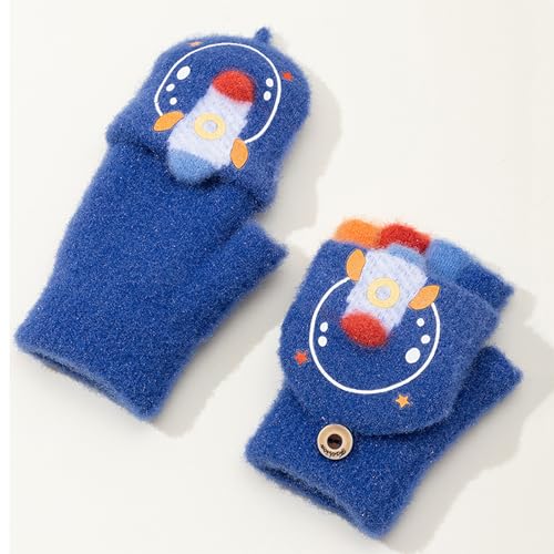PURFUN Toddler Boys Cartoon Excavator Rocket Half Finger Gloves with Flip Top, Baby Boy Winter Warm Knitted Gloves for 1-3Yrs3