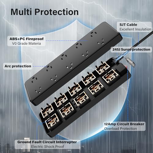 Extensión Adoreen Outdoor Power Strip 10 Ft, Protector contra Sobretensiones IPX6 Impermeable con 10 Tomas de Corriente Amplias, Cable de 10 Ft, Enchufe Plano 45°, Montable en Pared, 125V miniatura 3