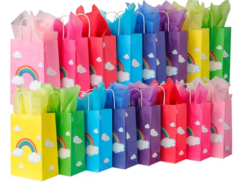 Image of BLEWINDZ 32 Pcs Rainbow Goodie Bags with 32 Tissues - 8.7 inch Small Gift Bags with Handles for Kids Birthday Party Favors, Baby Showers and Party Supplies