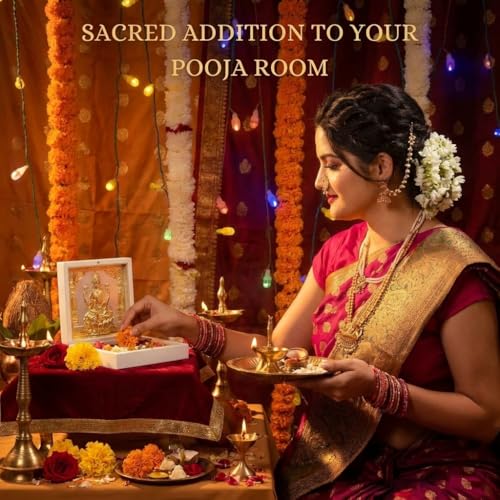 Image of Gold Plated Laxmi Pocket Temple for Pooja Room | Lakshmi Divine Pooja Boxes with Photo Frame & Charan Paduka | Diwali Gift & Home Decor (Medium - White) 4.5 Inch - Pack of 1