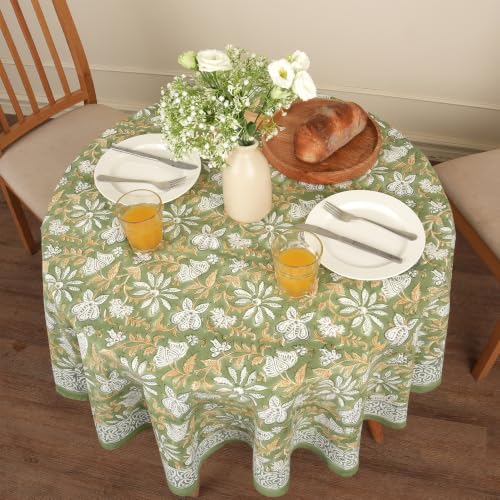 Image of Encasa XO Dining Table Cloth, Jaipuri Block Print Cotton Cover Sage Green