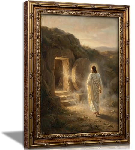 Vintage Gold Framed Jesus Wall Art Christian Jesus Resurrection Painting Canvas Prints Leaves the Tomb Easter Picture Poster Bible Story Religious Artwork for Living Room Church Prayer Room