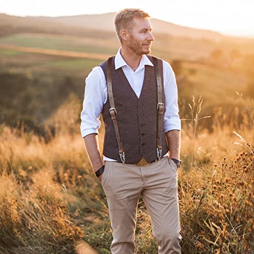 Ringsun Genuine Leather Suspenders For Men, Y Design Leather Suspenders, Adjustable Mens Leather Suspenders Wedding & Party Essentials, Dark Brown #TOP4