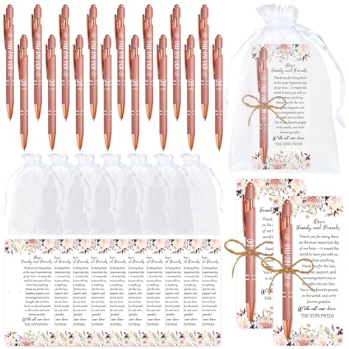 Cadeau de mariage invité : lot de 50 stylos or rose avec cartes et sacs organza chic