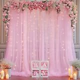 10×10ft Pink Tulle Backdrop Curtain with Lights String for Parties, Sheer Photo Curtain Backdrop Drapes for Wedding Party Photography Backgrounds