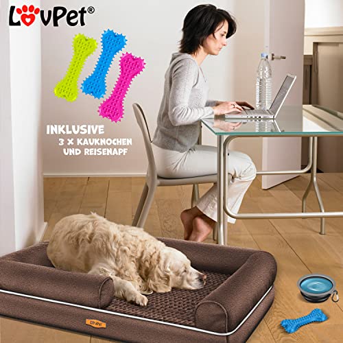 Lovpet® Orthopädisches Hundebett Hundekissen Hundekorb Relax, Inkl. Napf + 3X Kauknochen, Hundesofa für Kleine, Mittelgroße & Große Hunde, Bezug abnehmbar und waschbar, 91x71x22cm Braun