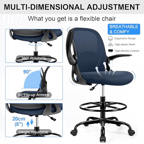 Image of Drafting Chair Tall Office Chair with Flip-up Armrests, Adjustable Height, Enhanced Lumbar Support Ergonomic Rolling Stool, Back Support, Adjustable Foot Rest Ring for Standing Desk Navy