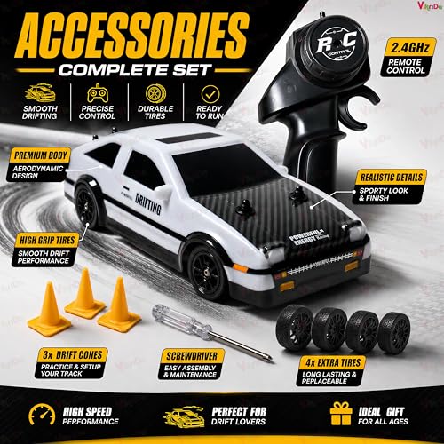 Image of VikriDA 1:24 Scale RC Drift Car - 4WD High-Speed RC Racing Car with LED Lights, 2.4GHz Controller, Rechargeable Batteries & Drifting Tires