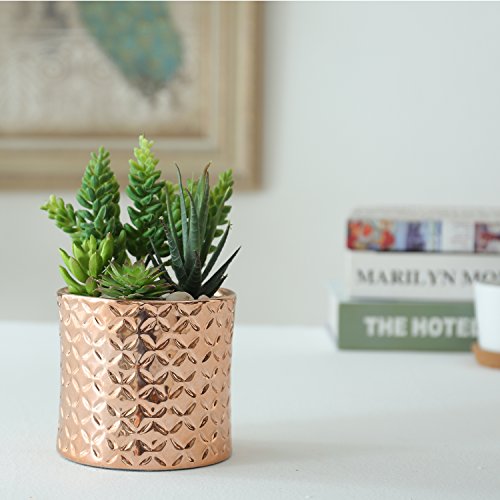 Mygift 5-Inch Copper-Toned Ceramic Planter - Decorative Flower Succulent Plant Pot With Metallic Finish And Diamond Debossed Texture #TOP1