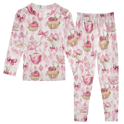 Fustylead Watercolor Tea Cup Flower Bow Cake on Pink Checkered Pajamas Cotton Sleepover PJ Set Long Sleeve Lounge Wear