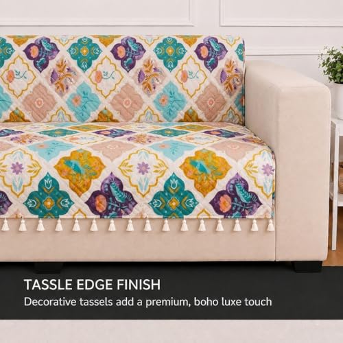 Image of STITCHNEST 'Frostvine Collection' 3 Seater Sofa Cover - Full Coverage| Cotton Quilted Fabric, Decorative Tassels, Washable & Durable for Modern Living