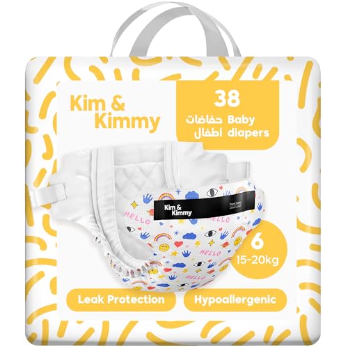 Kim & Kimmy Eco Diapers Size 6 15-20 kg 38 Diapers - 12 Hour Leak Protection No Rashes Hypoallergenic Ultra-Soft & Highly Absorbent - Cruelty Free & Vegan - Funny Icons