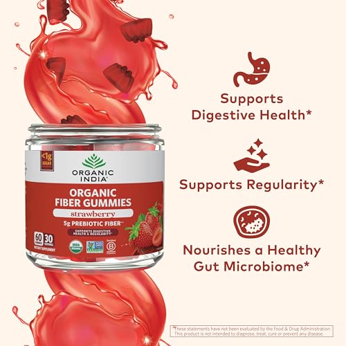 ORGANIC INDIA Fiber Gummies for Adults - Prebiotic Fiber, Dietary Supplement, Digestive Health for Men & Women, Vegan, Low Sugar, Non-GMO - Strawberry, 60 Gummies - Image 4