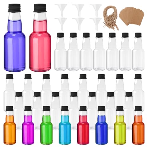 96Pcs Mini Liquor Bottles Set, Include 30Pcs 2 oz Alcohol Shot Containers with Black Cap, 6 Funnels, 30 Tags and 30 Ropes, Plastic Empty Spirit Bottles for Wedding Party Supplies