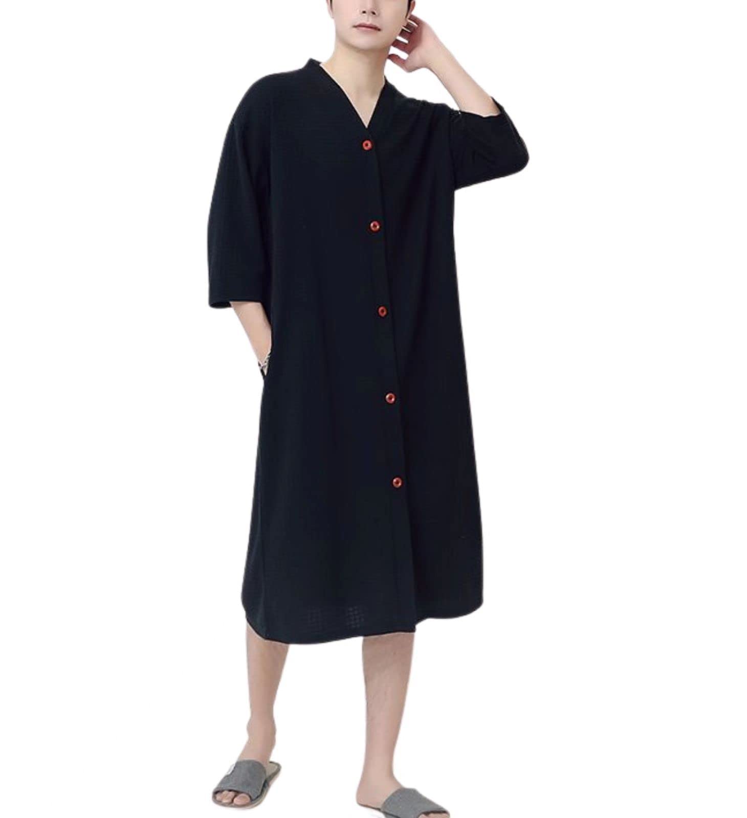 Men's Sleeper Pajamas, Dress, 3/4 Sleeves, Open Front, Button Down, Waffle Fabric, Thin, Spring and Summer, Hotel, Pajamas, Room Wear, Nightshirt, V-Neck, Long Gown, with Pockets, Absorbent 3XL Black