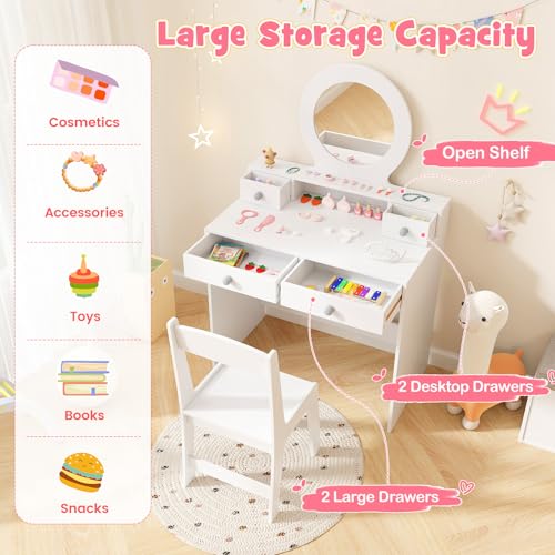 Image of HONEY JOY Kids Vanity, Little Girls Vanity Set with Mirror and Stool, Drawers, Toddler Makeup Vanity Dressing Table, Wooden Pretend Play Kids Vanity Table and Chair Set (White)
