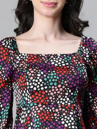 Image of Women Solid Round Neck Elasticated Polka Print Long Sleeve Top