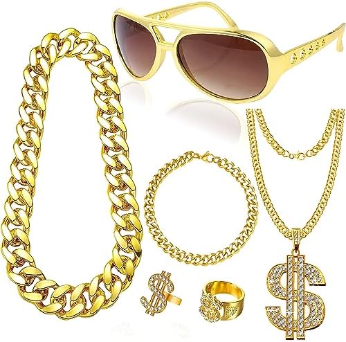 6Pcs Hip Hop Costume Set, Rapper Hippie Accessories with Golden Chain Necklace Disco Dollar Sign Rings Retro Sunglasses Bracelet Fancy Dress for Women Men 80s 90s Carnival Party Supplies