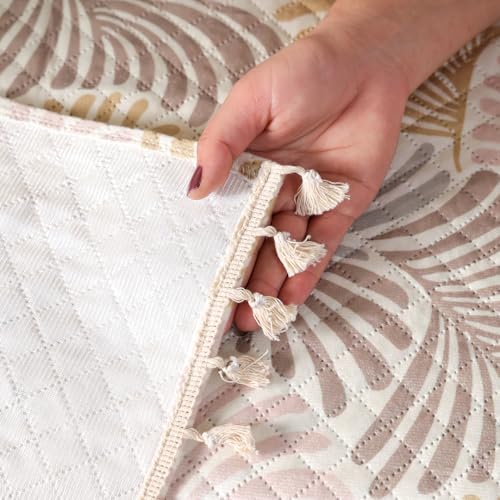 Image of HOMEMONDE 1 Seater Quilted Velvet Printed Sofa Cover with Tassels |Soft, Durable & Premium Fabric with Tassels | Sofa Cover Mats for Living Room, Bedroom & Drawing Room (76 X 61 CM, Opal Palms)