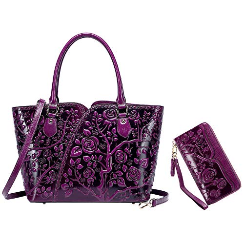 PIJUSHI Designer Handbags For Women Floral Purses Top Handle Handbags Satchel Bags and PIJUSHI Genuine Leather Wallets for Women Floral Wallet Wristlet Ladies Clutch Purses with Tassel