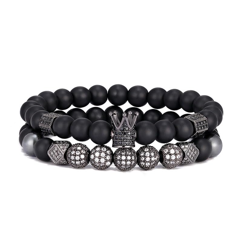 TIMFROZ Mens Beaded Bracelets Crown King Bracelet Black Matte Onyx Stone Beads Wristband Fathers Day Birthday Jewelry Women