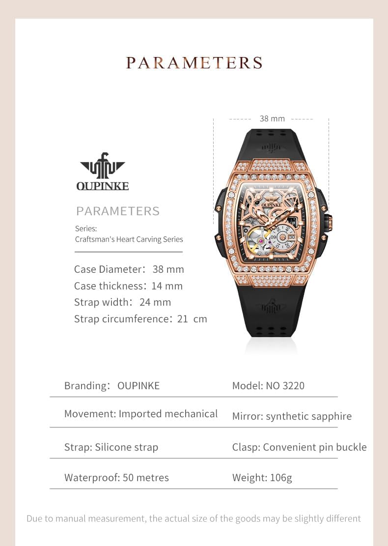OUPINKE Automatic Womens Watches Fashion Dress Luxury Diamonds Hollow Skeleton Square Ladies Watches Soft Silicone Strap Rose Gold Female Watch Waterproof