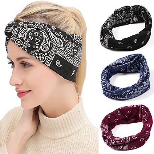 MLGDA 3 Pack Boho Headbands Headwraps Vintage Paisley Fashion Headwear Hair Band Printed Bandana Elastic Hairband Womens Criss Cross Thick Hair Accessories Hairbands