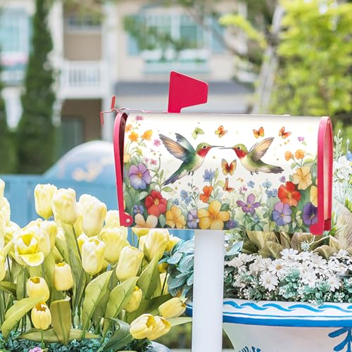 Image of Spring Summer Flowers Magnetic Mailbox Covers Standard Size 18x21 Inch Cute Hummingbirds Decorative Mailbox Cover Spring Holiday Post Letter Box Cover Wrap for House Garden Yard Outdoor Decoration