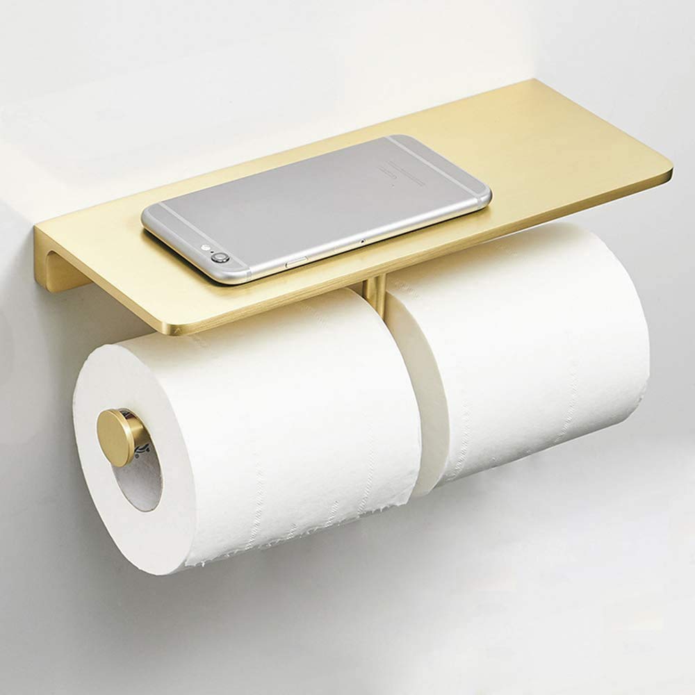 Portarrollos para Papel Higiénico de Pared con Estante Latón Double Porta Rollos de Papel Higienico Oro Cepillado Accesorios de Baño, Portarrollos Baño para Cocina y Baño