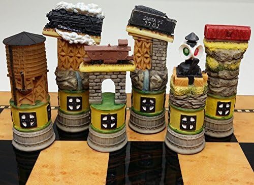 Santa Fe Trains Steam vs Diesel Train Engine Chess Set W/ 15" High Gloss Dark Walnut & Birdseye Maple Color Board
