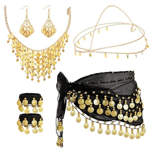 JurciCat 7 Sets Bauchtanz Kostüm Damen Bauchtanz Hüfttuch Mit Goldmünzen Ohrringe Halskette Armbänder And kopfschmuck Für Show Party Feier...