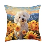 Cute Maltese Flower Meadow Mountain Sunset Puppy Dog Throw Pillow