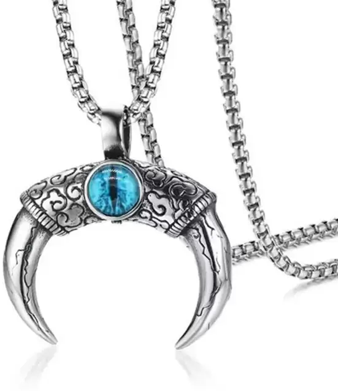 Fashion Jewellery Antique Stainless Steel Crescent Moon Double Horn Songstone Ox Horn Chain Pendant Necklace Jewelry for Men Chain Necklace for Boy Girl Gifts Necklace for Men Women-image-4