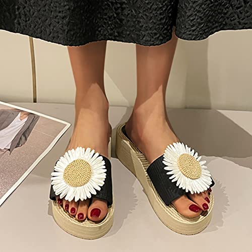 Ladies Summer Fashion Flowers Fresh Thick Sole Wedge Holiday Beach Outside Wear Slippers 2 Strap Sandals Women Cute (Black, 6.5)2