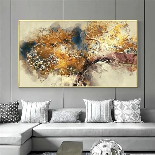 Toile d'arbres bruns abstraits haut de gamme avec cadre doré élégant - 3